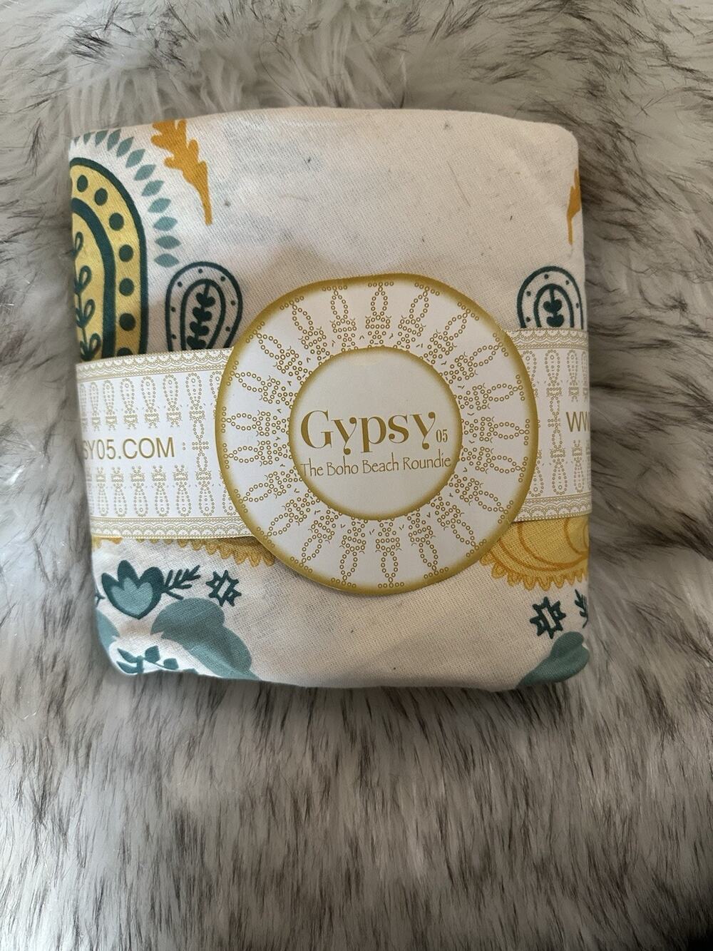 Gypsy 05 Boho Beach Roundie Round Beach Blanket Paisley White Teal Yellow